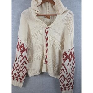 POL Anthropologie M Patchwork Aztec Hooded Crop Sweater Boho Fringe Cable Knit